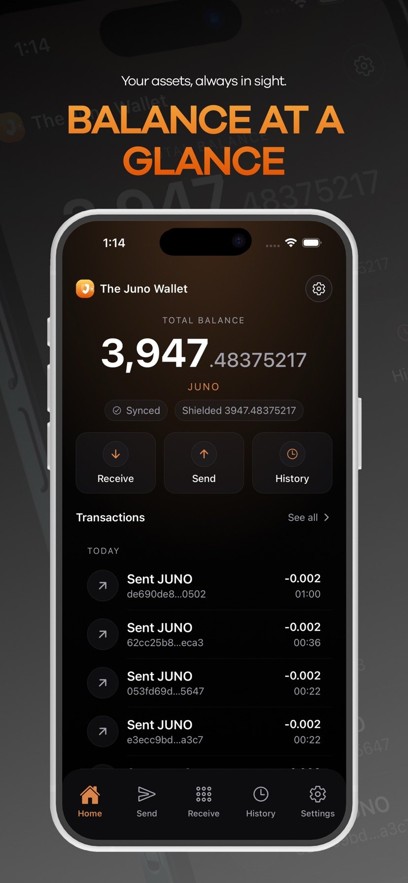 Home screen showing total JUNO balance and recent transaction activity.