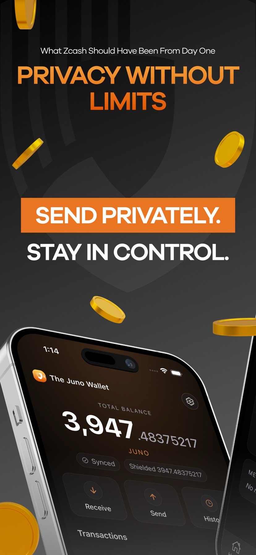 Marketing screenshot emphasizing private payments and user control.