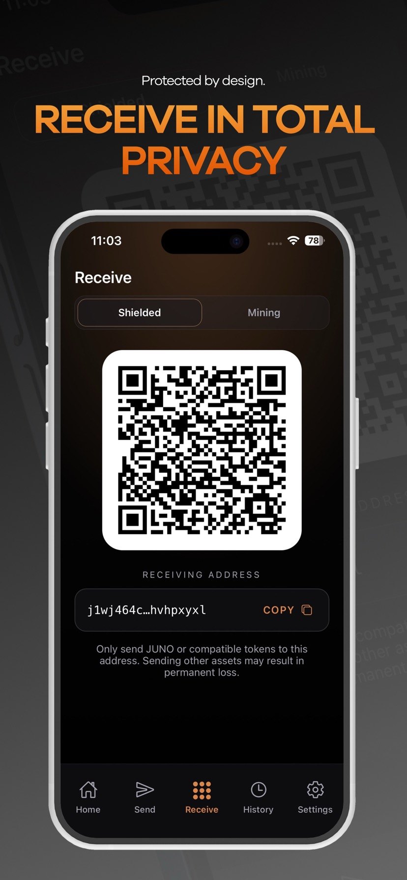 Receive screen with QR code for shielded receiving address.