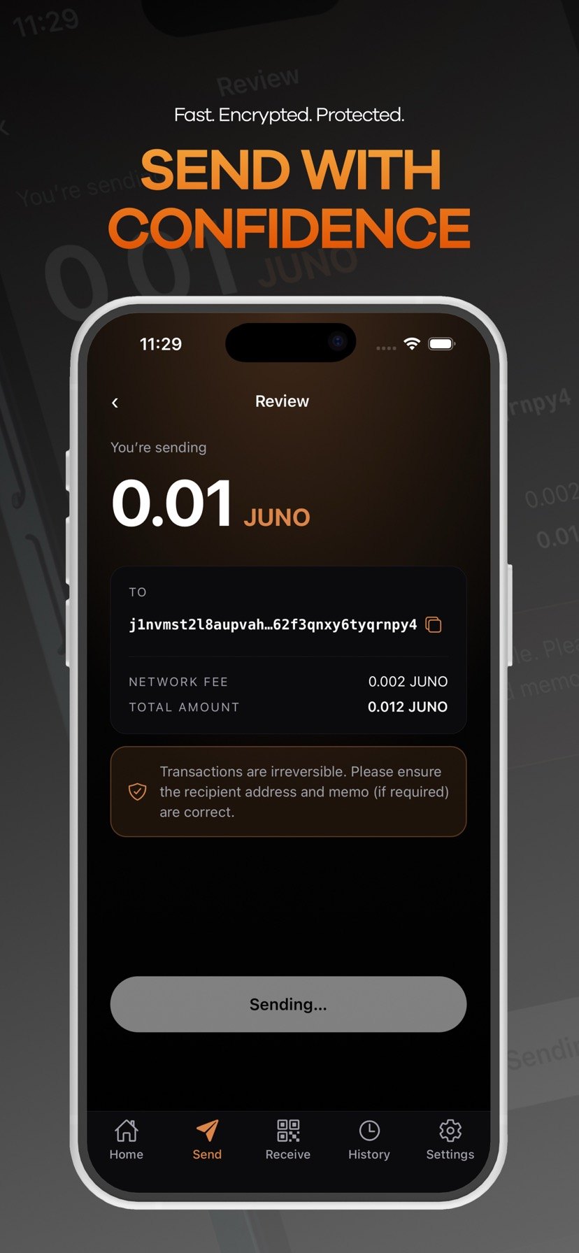 Send review screen with recipient, amount, fee, and confirmation details.