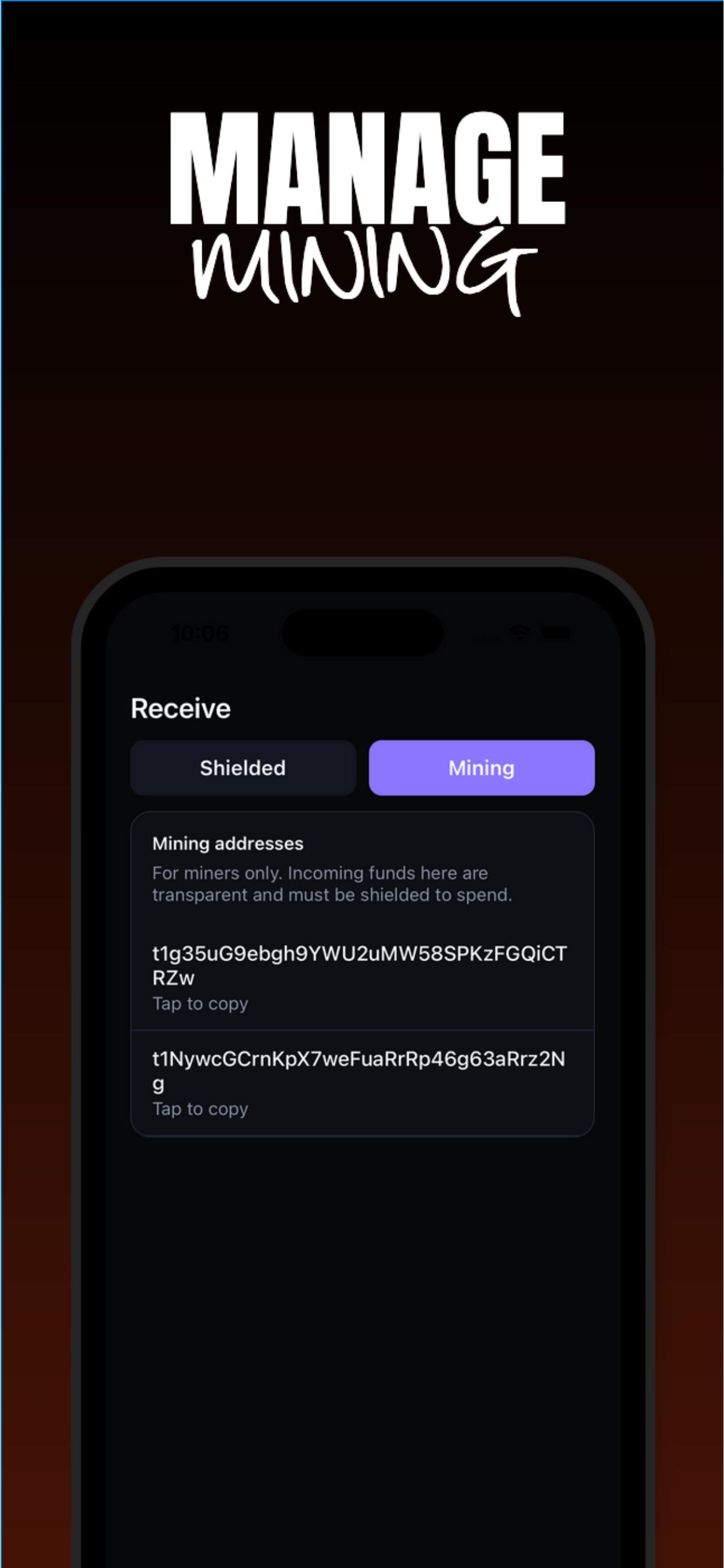 Receive screen showing separate tabs for shielded and mining addresses.